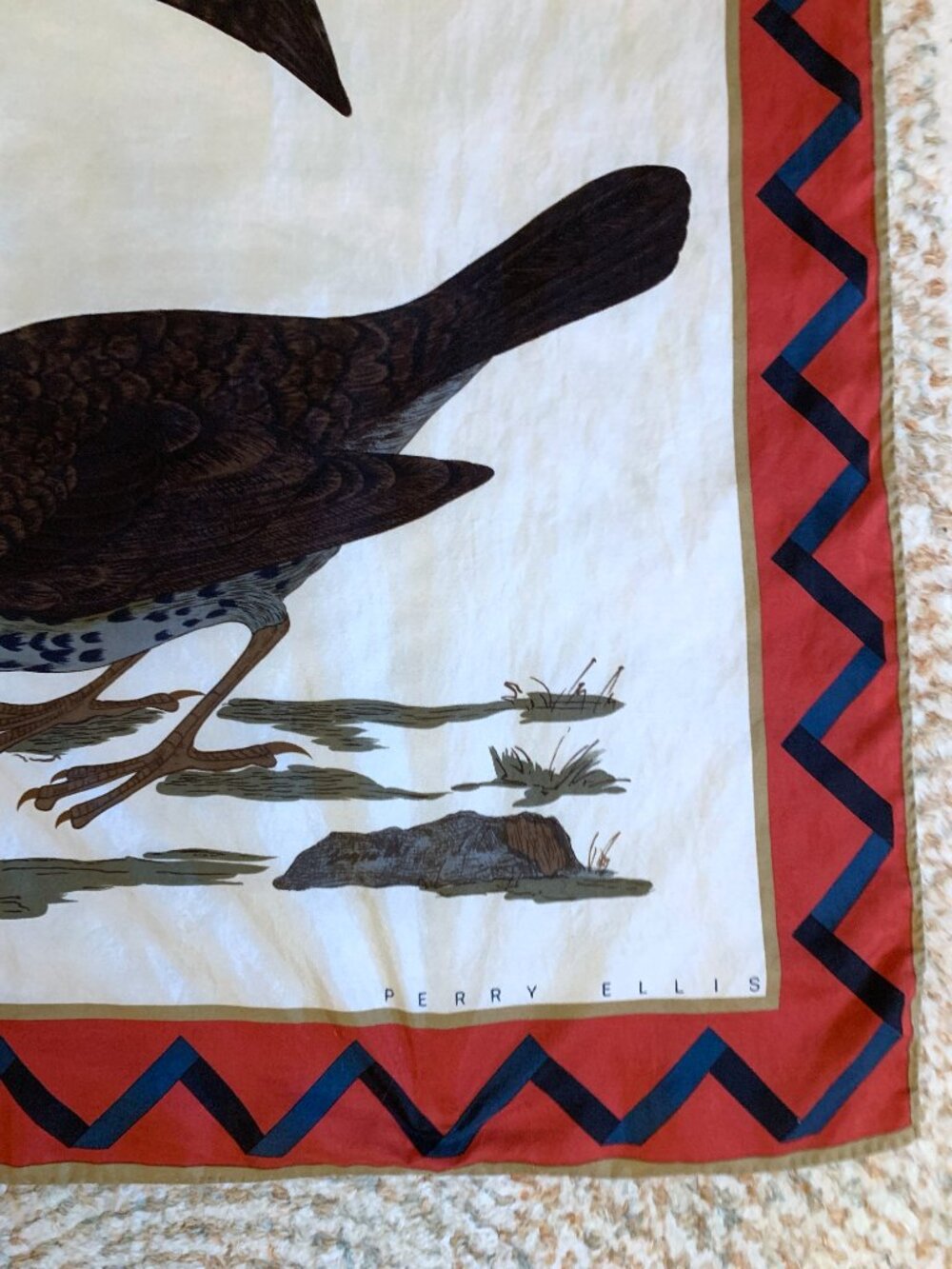 Vintage Perry Ellis Silk Scarf 31” Square Rolled Hem Bird Design - Picture 8 of 10